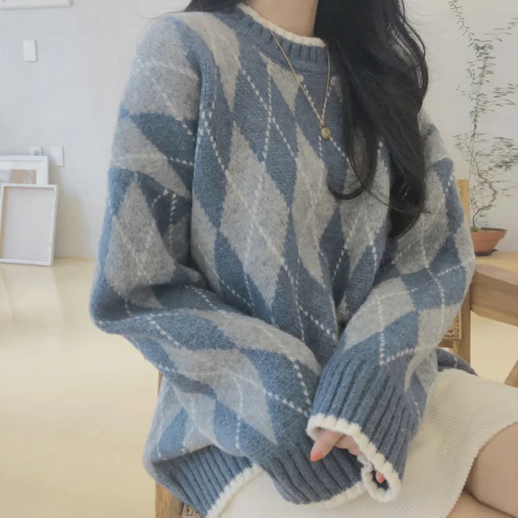 

Fashion Women Plaid Sweater Winter Warm Knitted Sweater Top Female Sweater for Women Clothing Pullovers