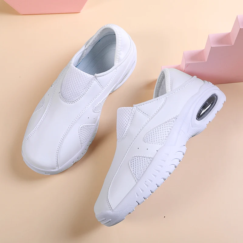 

Women's Air Cushion Shoes Leather Comfortable Soft Breathable Nurse Shoe Slip-on Flat Shoes Light White Shoes Walking Loafers