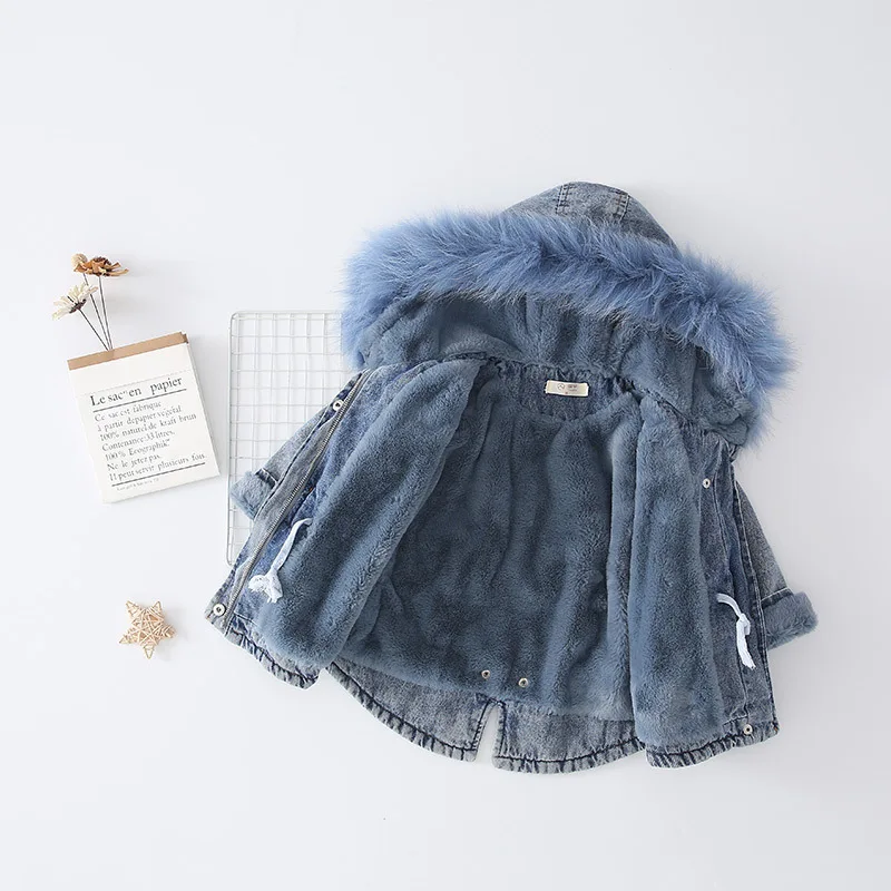 Girls Winter Plus Velvet Denim Jackets Children Fur Collar Hooded Casua Coats Kids Cotton Parkas Outwear |