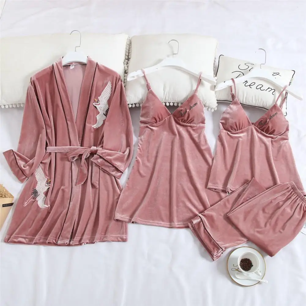 Бархатный пижамный комплект красного цвета с принтом журавлей из 4 предметов