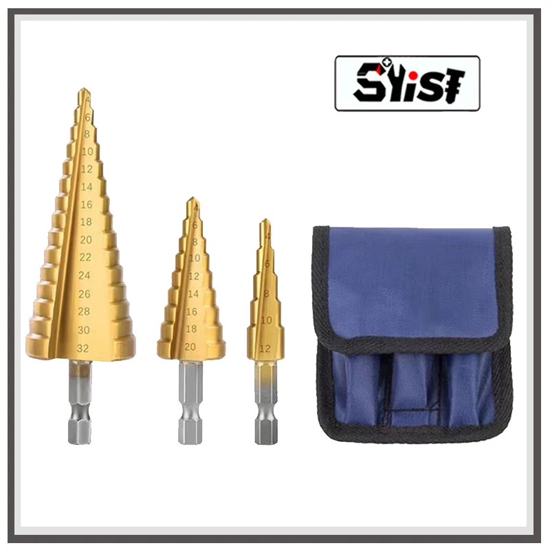 

3Pcs HSS Straight Groove Step Drill Bit Set, Cone Titanium Coated Wood Metal Hole Cutter 4-12mm 4-20mm 4-32mm Drilling Tools Set