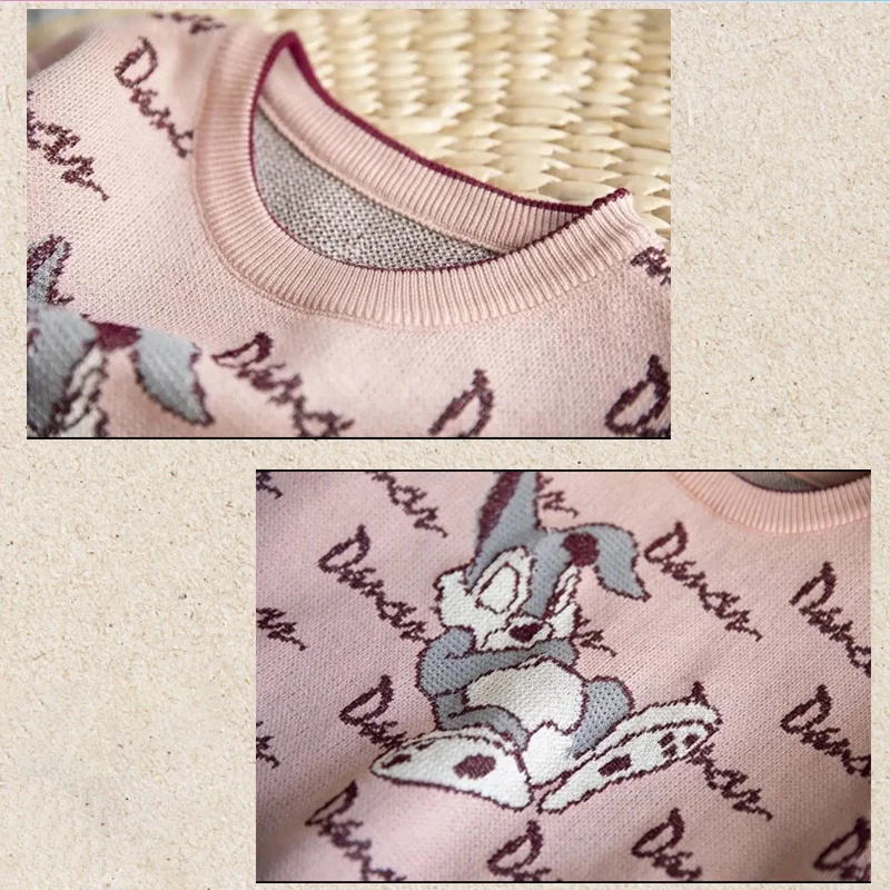 

Summer WOmen Knitted Shirt Pink Sweet Cartoon Rabit Top Short Sleeve Thin Vintage Femal Clothe
