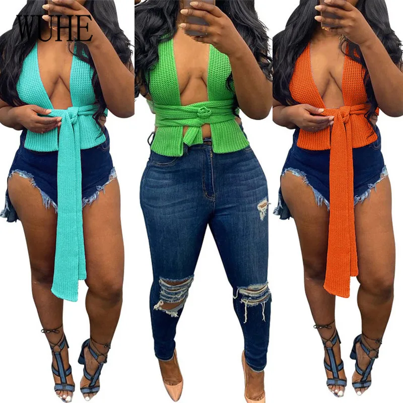 

WUHE Rib Knit Tanks Top Lace Up Sexy Hollow Out Deep V Neck Off Shoulder Sleeveless Elegant Women Casual Party Nightclub Wear