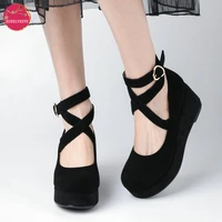 womans wedges heel lolita roman shoes kid suede real leather simple elegant mary jane pumps cosplay party gothic darkness black