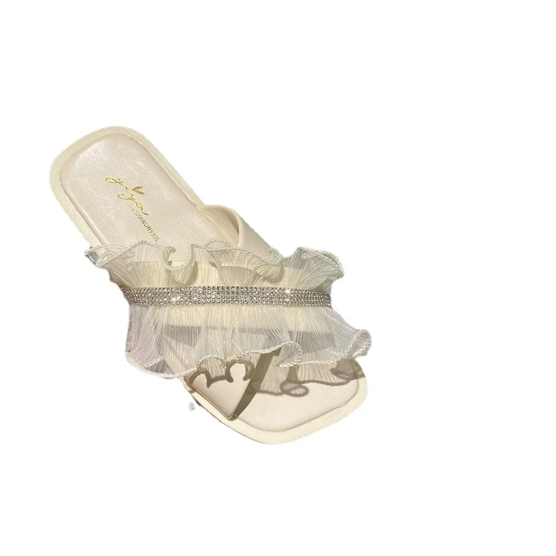 

2021New Summer Fashion Women's Slippers Outdoor Flip-flops Beach Shoes Rhinestone Lace Comfortable Female Slippers Zapato Mujer