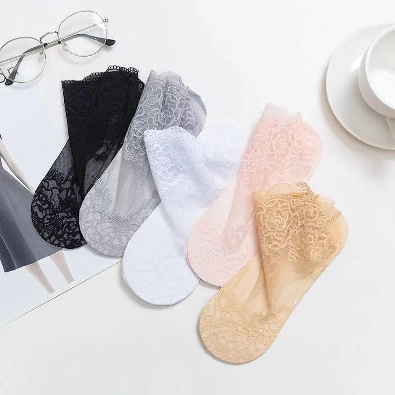 Sexy Low Invisible Ankle Transparent Hollow Out Socks Spring Summer Woman Lace Flower Short Boat Sock Non-slip Short Socks
