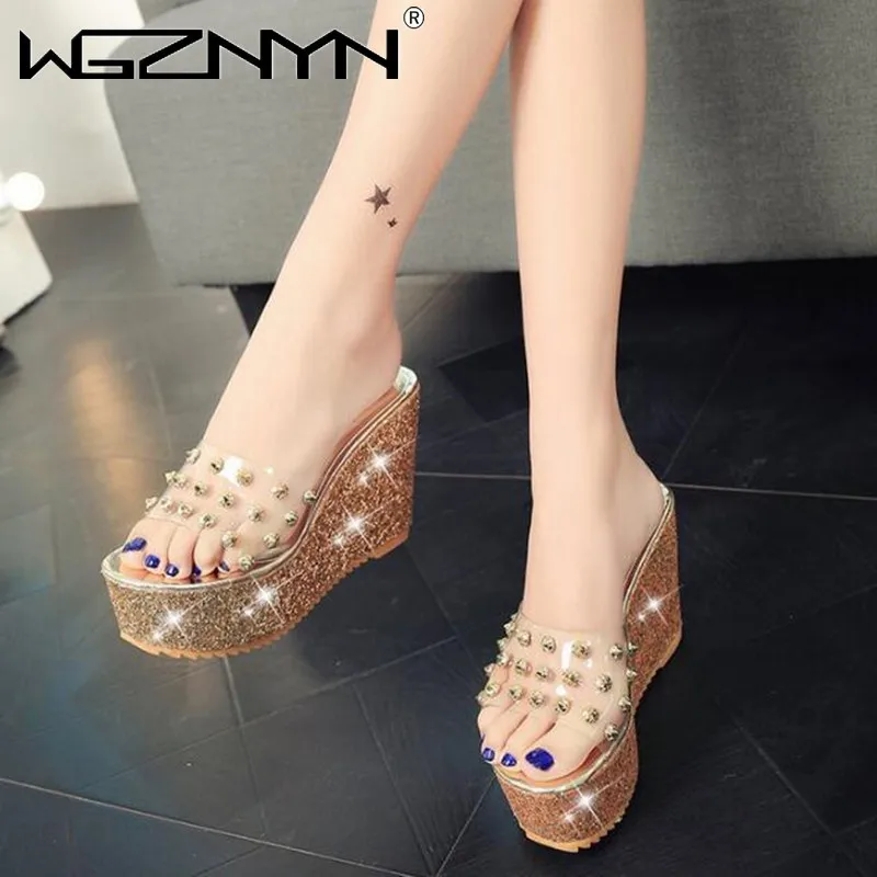 

Luxury Rivet Designer 11cm Wedge Slippers Women Platform Heels Slides Sequined High Ladies Shoes Summer Shoes Woman Slippers