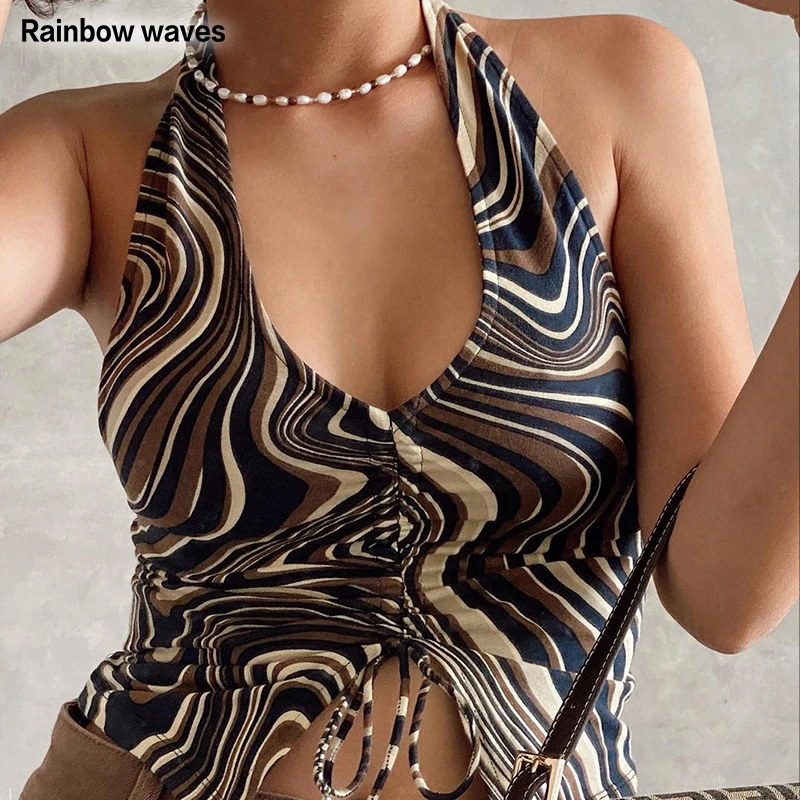 

Rainbowwaves Women Print Shirring Camis Summer Sleeveless Sexy Crop Top