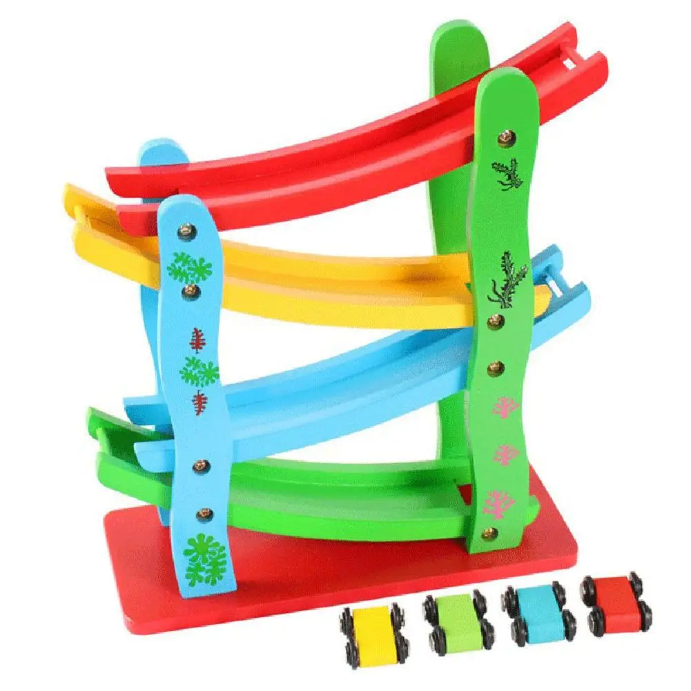 

Wooden Colorful 4-Slide Race Track Sliding Car Inertial Car Model Baby Hand Eyes Practice Education Toy