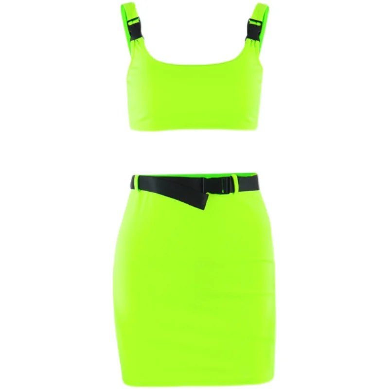 

Europe And America WOMEN'S Dress 2021 Summer New Style Sexy Bag Buckle Small Vest Short Skirt Set