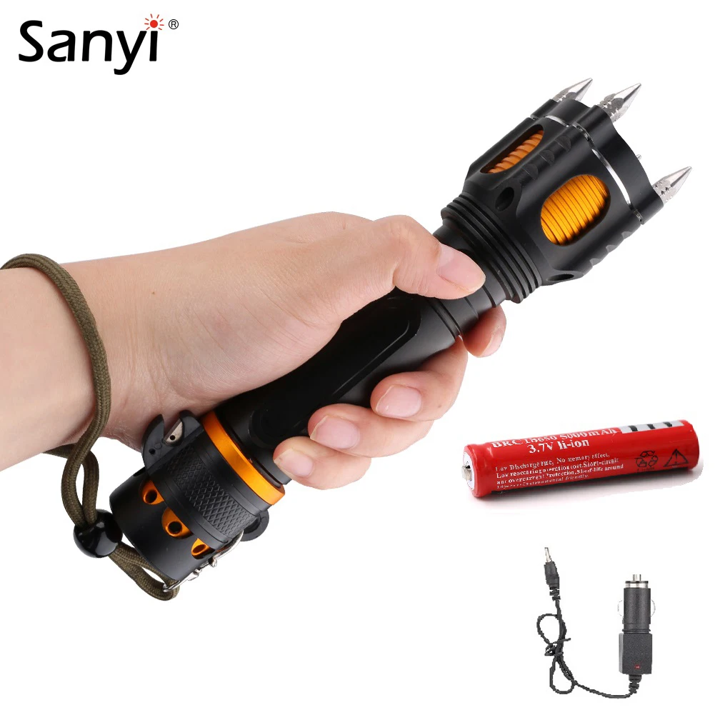 

Sanyi XML T6 LED Police Tactical Flashlight Audible Alarm Cap Attack Torch Head Self Defense Belt Cutter Security Rescue Light