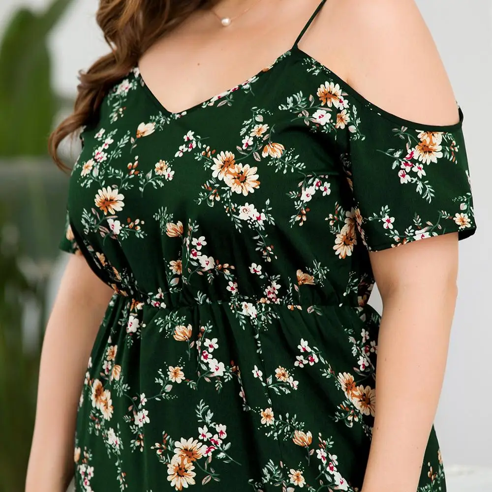 WHZHM/Большие размеры 3XL 4XL зеленое богемное платье с цветочным принтом женское