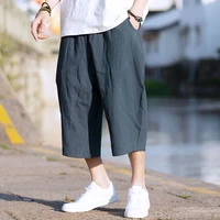 mrgb chinese style men pants capris cotton linen baggy pants shorts solid color wide leg trousers vintage fashion mens clothing