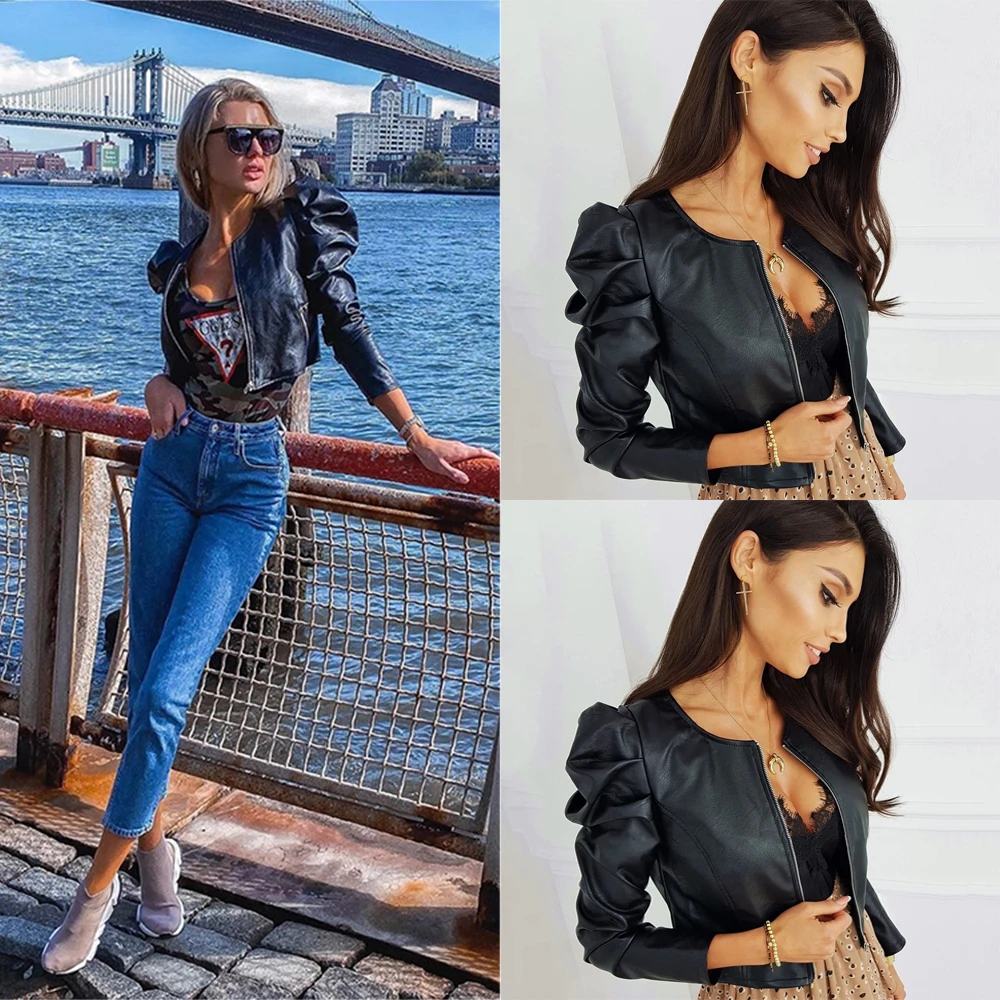 Осенняя женская кожаная куртка на молнии пальто из искусственной кожи короткая