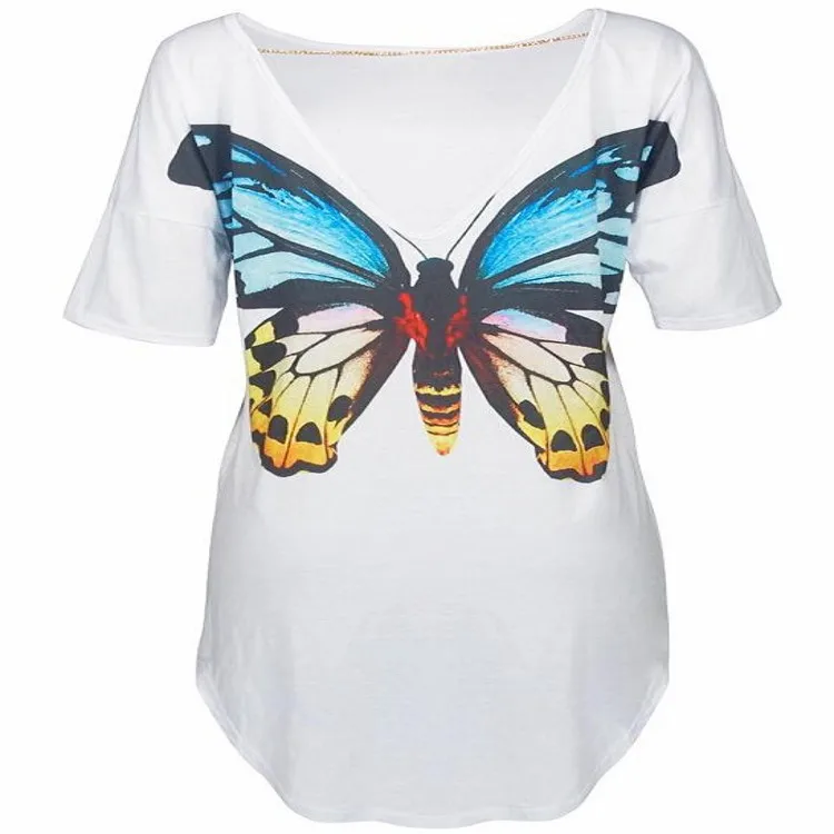 

Estampado profundo V espalda abierta blusa de manga corta de gran tamao camiseta de fondo