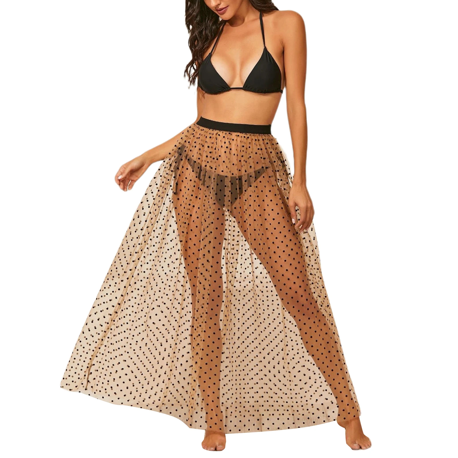 

Sexy Womens Bikini Cover-Ups Skirts Elastic Waist Sheer Mesh Polka Dots Beach Maxi Skirt Summer Bikini Swimsuit Covers