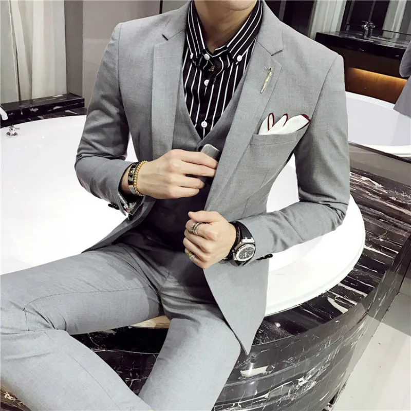 (Куртка + жилет штаны) модный Бутик Сплошной Цвет мужской строгий деловой костюм 3