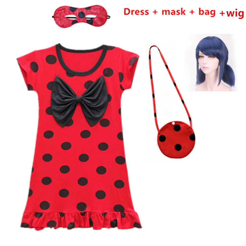Dress mask bag wig Fantasia Spandex Ladybug Costumes kids dress cosplay Christmas party girls children lady bug Zentai Suit halloween costume wig - Цвет: Dress mask bag wig
