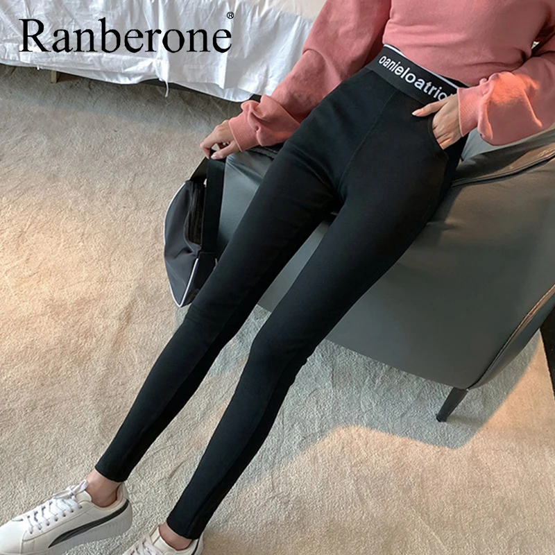 Ranberone Leggings Sport Women Fitness Letter High Waist Women's Yoga Pants Thin Leggings Black Outer Wear Large Size Trousers