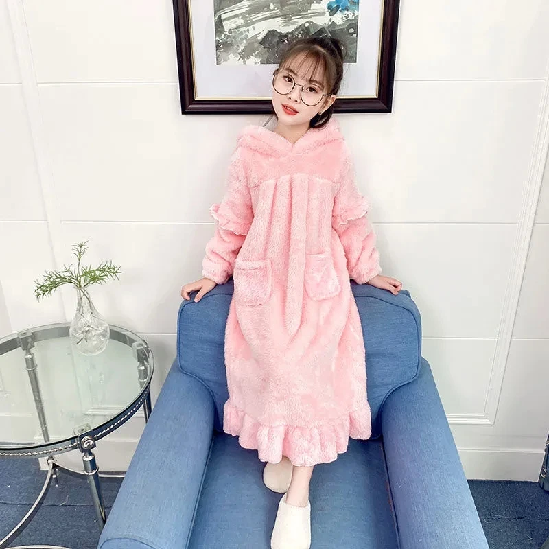 

Warm Flannel Nightgown Children'S Clothing Girl Autumn Winter Sleepwear Infant Solid Color Ankle-Length Nightdress Baby Pajamas