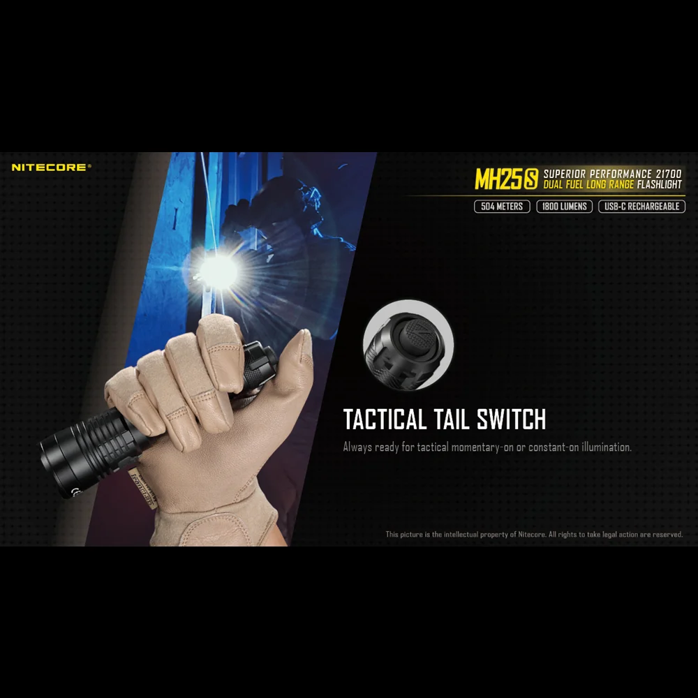 Дешево Тактическая вспышка NITECORE MH25S, перезаряжаемая, с фонасветодиодный, 1800 люмен, с аккумулятором NL2150 50000 мАч, Ультралегкая