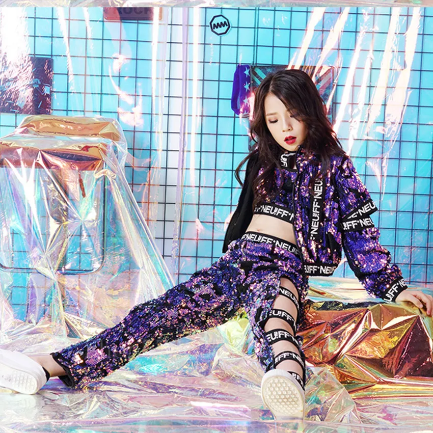 Детский костюм для танцев в стиле хип-хоп с блестками фиолетового цвета девочек