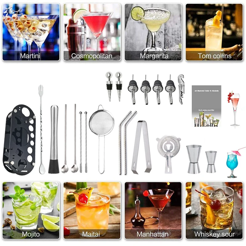 750/550ml 800/600ml Stainless Steel Cocktail Shaker Bar Tools Set with 25/19oz Jigger Muddler Mixer Cork Recipe Book Holder | Дом и сад