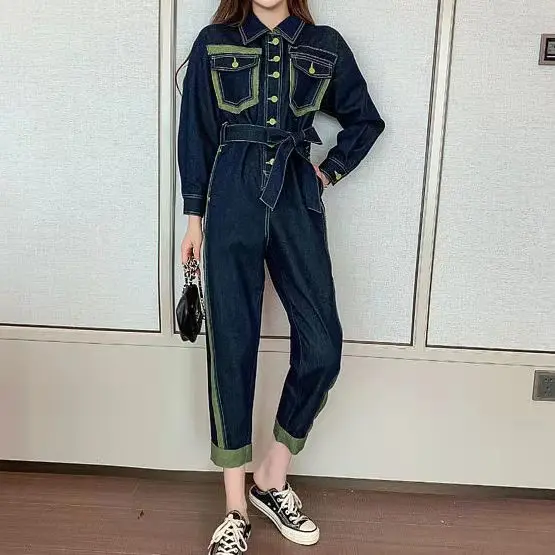 

Newest High Quality Spring Safari Style Blue Jumpsuit Women Lapel Long Sleeve Sashes Hit Color Denim Jumpsuits 2021 Rompers Sets