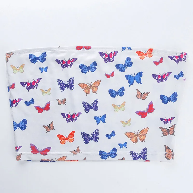 Женский Короткий Топ без бретелек с принтом бабочек облегающий кроп для лета