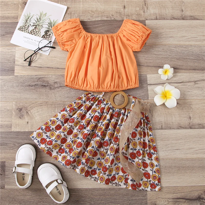

Girl’s Skirt Two Piece Suit Fashion Solid Color Short Sleeve Tops and Sunflower Short Skirt with Waistband