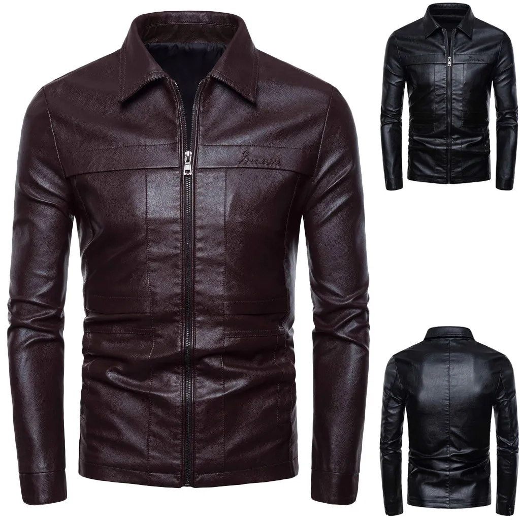 Осеннее кожаное пальто для мужчин однотонное ретро с воротником мотоцикла