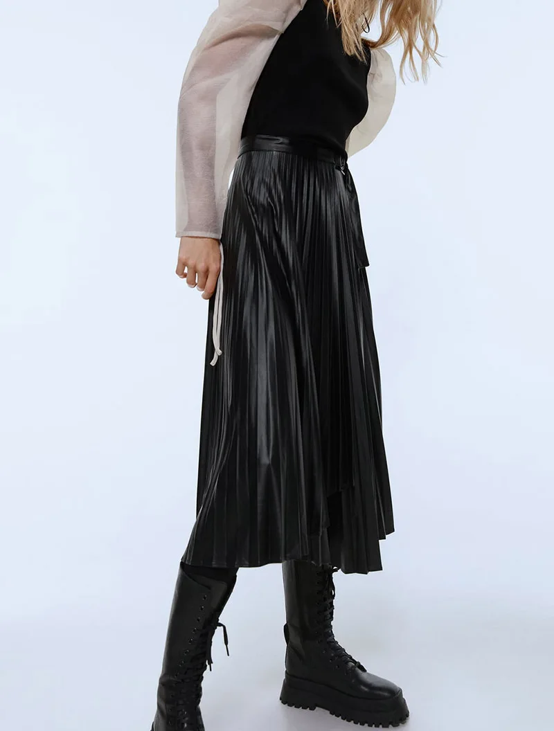 Fashion Pleated Skirt for Women Women Dance Clothing Ball Gown Black Faux Leather Faldas Mujer Moda Moda Mujer Mid-Calf Za