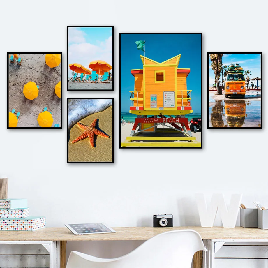 Настенная картина с изображением моря пляжа автобуса синего неба пейзажа