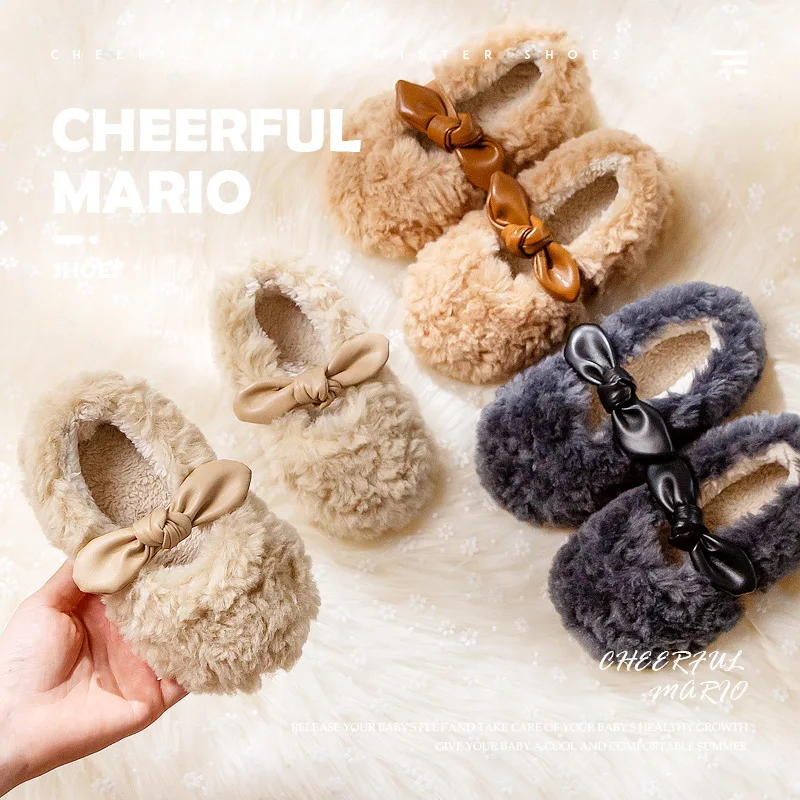 

Girl Slippers Winter Kids Cute Shoes For Plush Warm Bow Little Girl Shoes Soft Bottom Toddler Sneakers Indoor Shoes Loafers