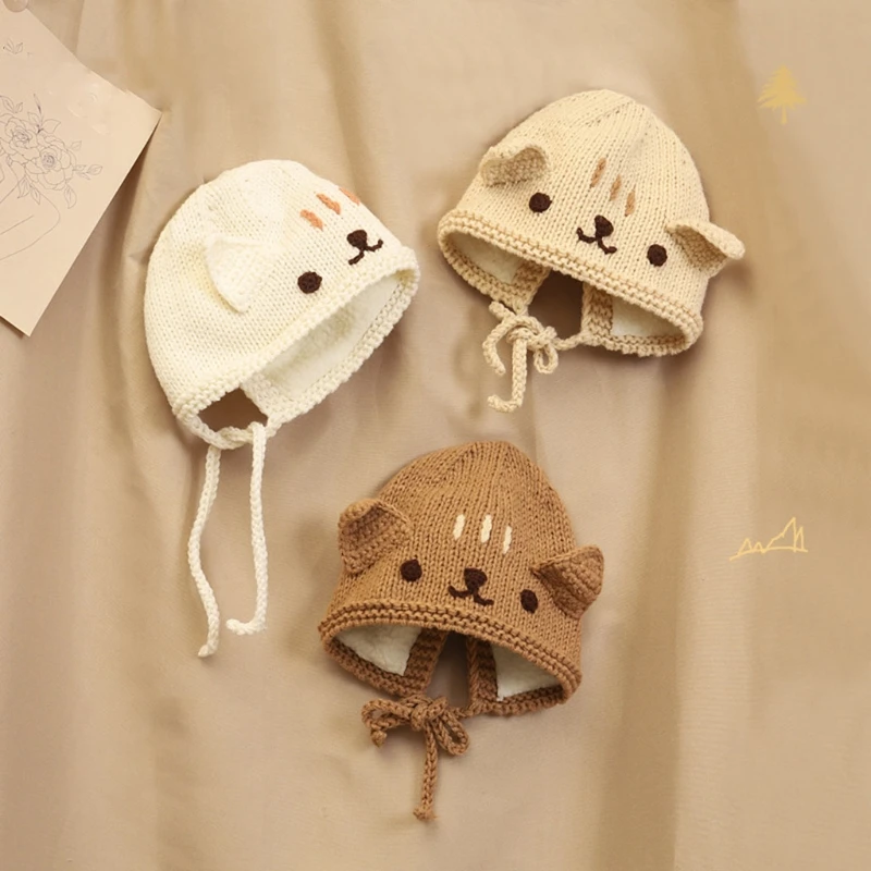 

Autumn Winter Warm Cute Cat Baby Knitted Plush Beanie Cap Ear Protection Solid Color Hat for Newborn Kids