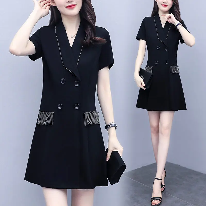 

Черное женское платье, Новинка лета 2020, Короткое мини-платье с коротким рукавом для офиса, женское платье с бахромой и отрезным воротником, р...