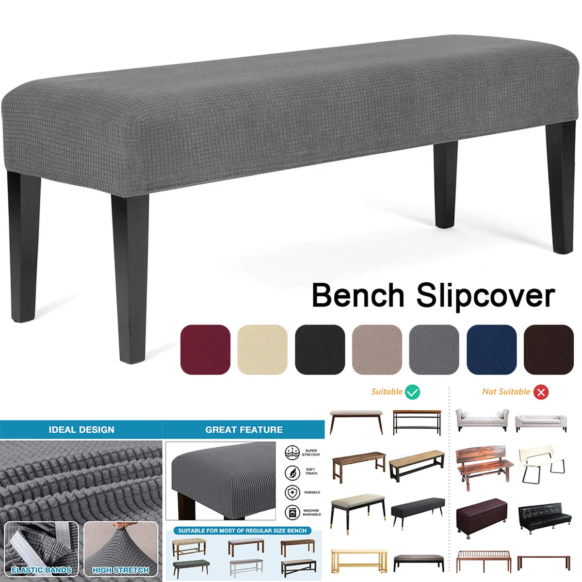 

Rectangle High Stretch Thick Corn Fleece Bench Chair Cover Non Slip Removable Washable Slipcover Dining Bench Covers