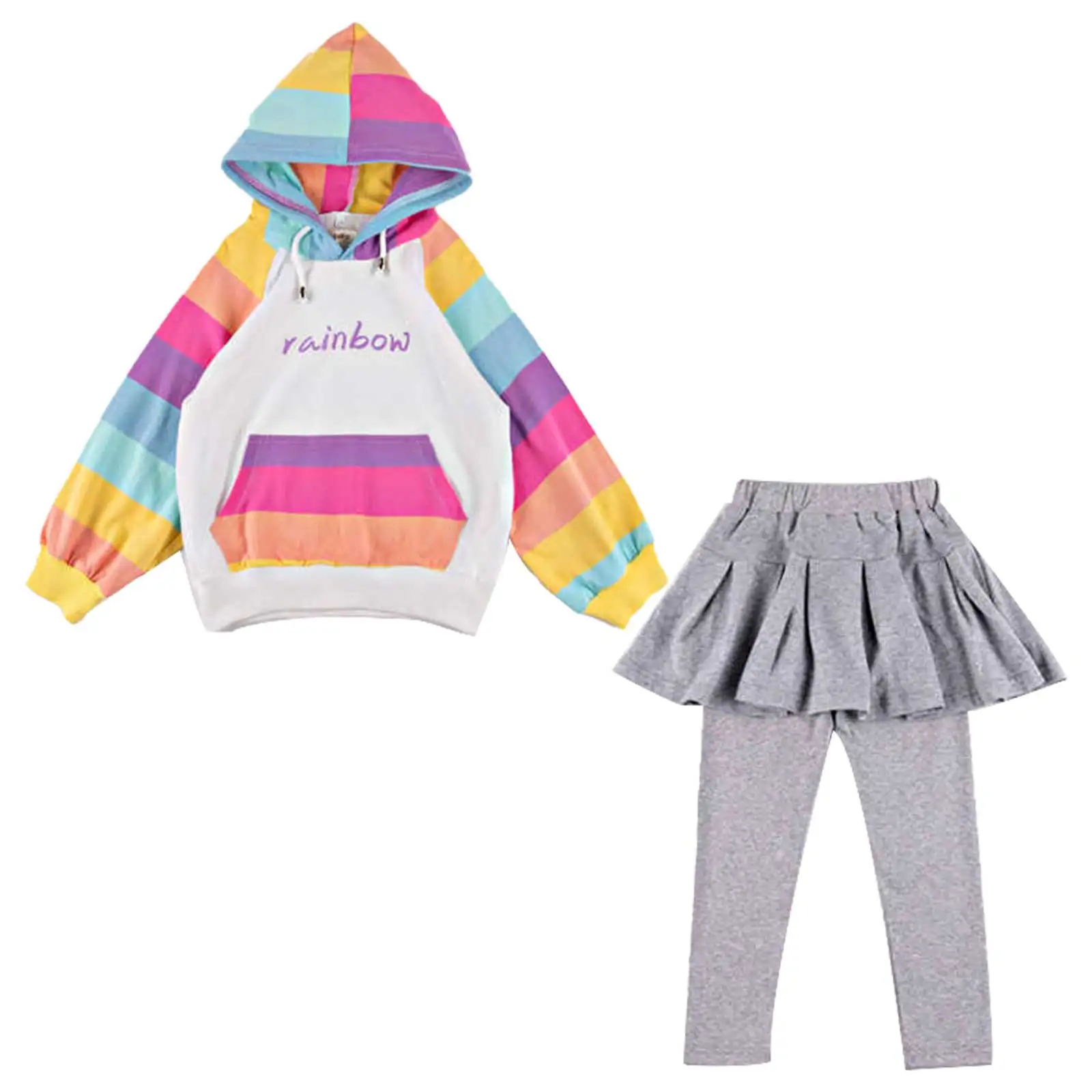 Chidren Clothes Girls Spring Autumn Rainbow Striped Sweatshirt Tops With Skirt Pants Set 2Pcs Tracksuit Outfits Kids Clothing