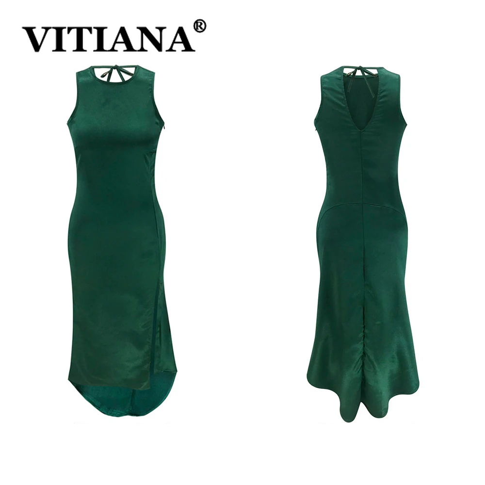 VITIANA Women Bodycon Sexy Dress Spring 2020 Female Sleeveless Backless Solid Green Casual Pencil Midi Dresses Elegant Vestidos | Женская
