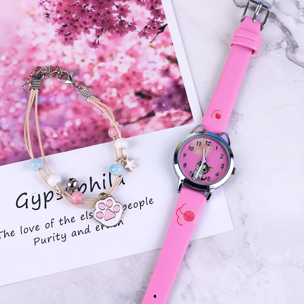 

Fashion Cute Cheese Cat Pattern Kids Watches with Bracelet Quartz Analog Girls Watches Children Ladies Clock Gift Relogio