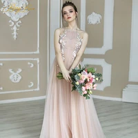 flower prom dresses illusion neckline sleeveless button back tulle prom dress blush pinkblue floor length robe de soiree