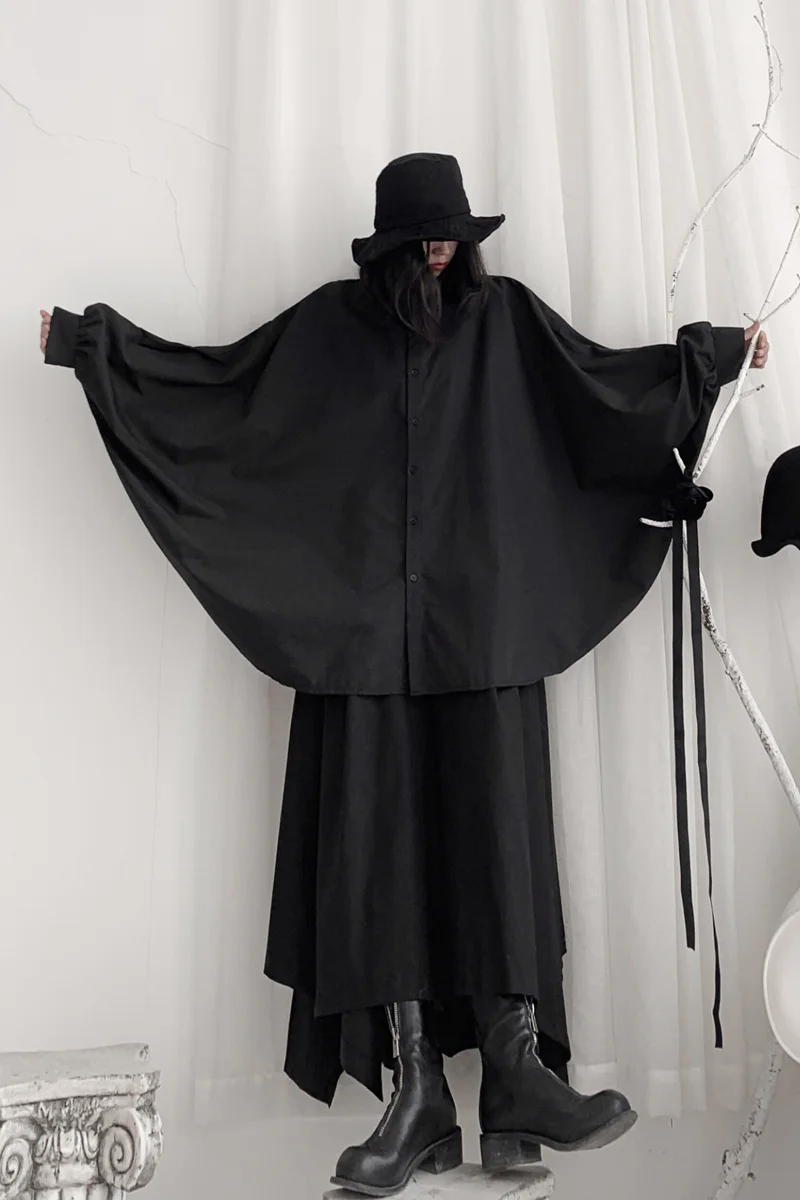 

UMI MAO Yamamoto-style Dark Black Shirt Women's Bat Sleeve Personality Long-sleeved All-match Solid Color Blouse Korean Fashion