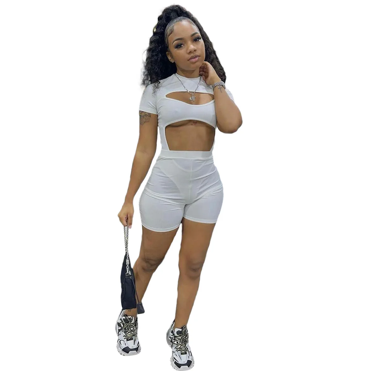 

Горячая Распродажа Женская Спортивная одежда однотонный комбинезон модный сексуальный комбинезон с вырезами шорты костюм для бега из двух...