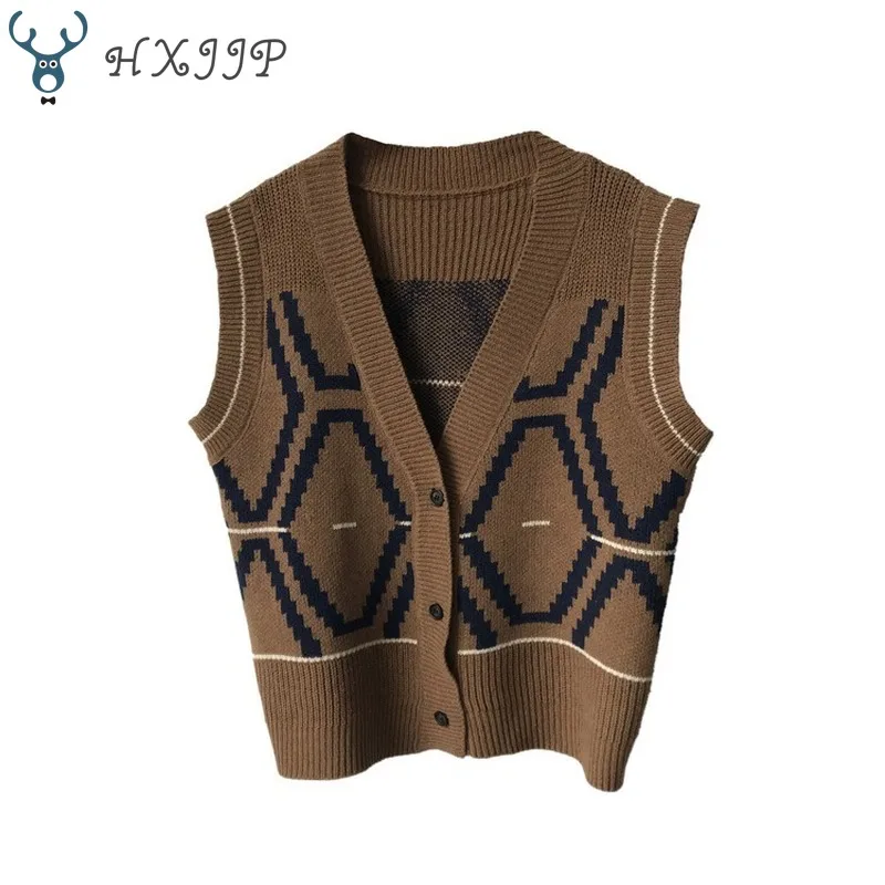 

HXJJP Geometry Retro Womens Sweater Vest 2021 Spring Autumn Single Breasted Knitted Vest Sweater Women's Cardigan