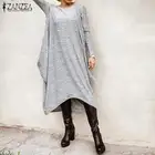 Модное асимметричное платье миди, женский весенний сарафан ZANZEA 2021, Повседневная Туника с длинным рукавом, женское однотонное платье