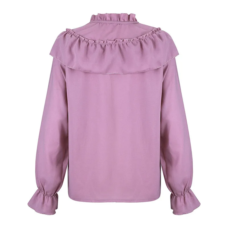 

Womens Ladies Lace Chiffon Tops Blouse V Neck Tie Long Sleeve Shirt Plus Size