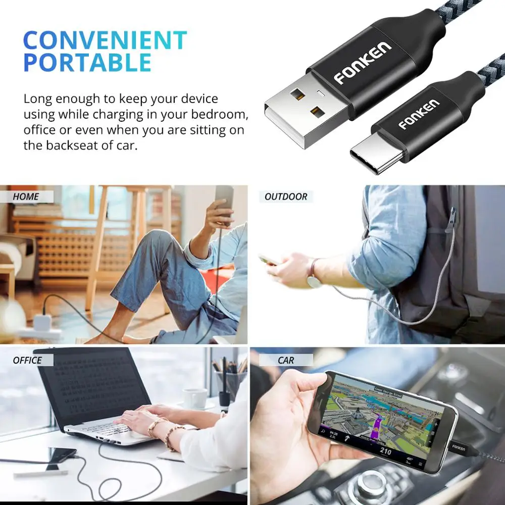 3 шт. FONKEN usb type C кабель быстрое зарядное устройство type-C Зарядка для телефона 2128AWG 3A USB C Быстрая зарядка Шнур для мобильного телефона шнур