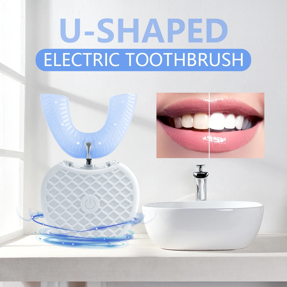 

360 Degrees Automatic Sonic Electric Toothbrush U Type 4 Modes Tooth Brush USB Charging Tooth Whitening Blue Light