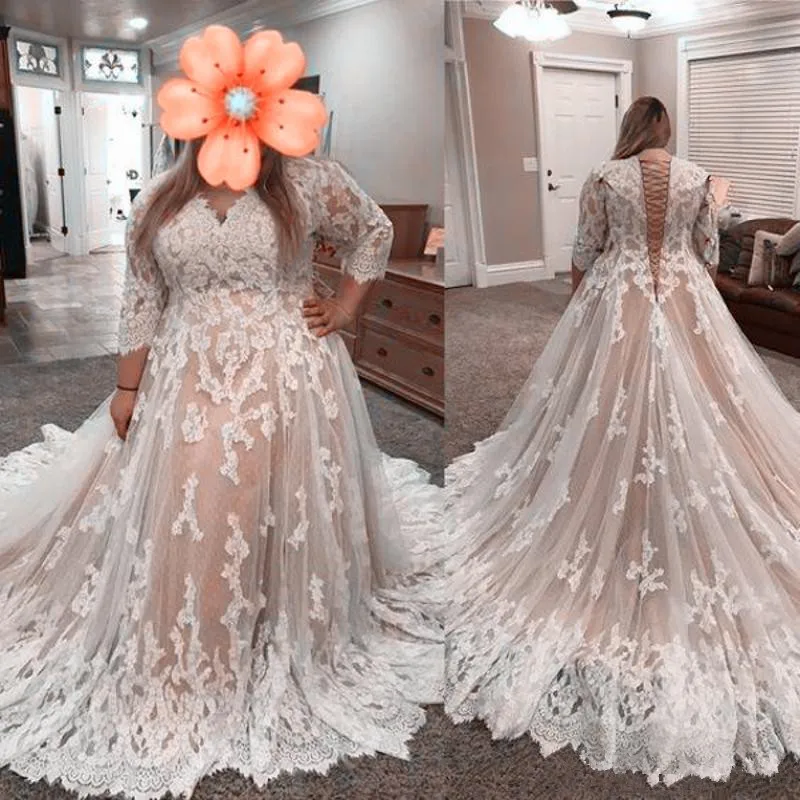 

Lace-up Back Wedding Dresses Plus Size Lace Up V Neck Long Sleeves Sweep Train Vestidos De Noiva Bridal Gowns Robe De Mariée