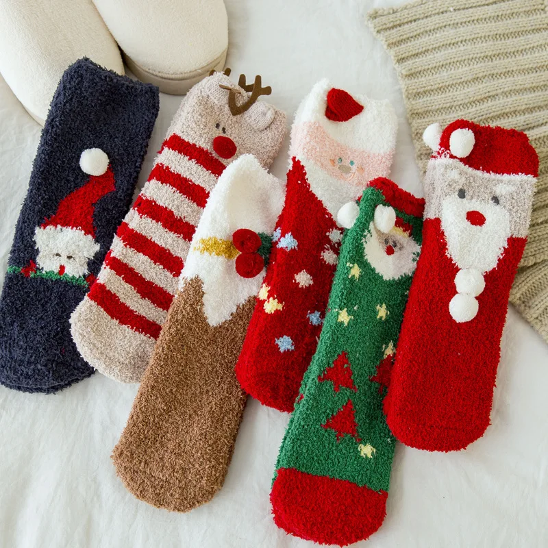 

Christmas socks female autumn and winter tube socks plus velvet thick keep warm socks cute santa claus socks xmas gift Kids